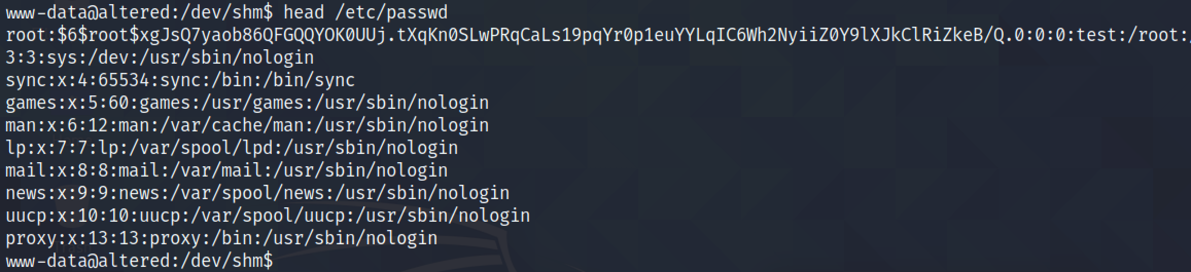 Viewing the /etc/passwd file with the added hash.