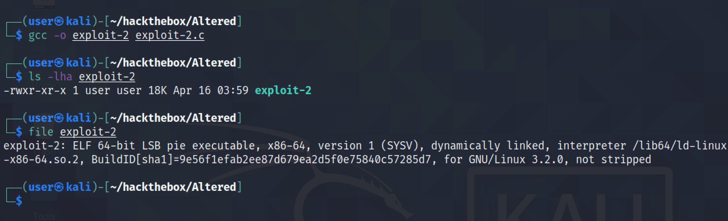 Compiling the exploit code using gcc.