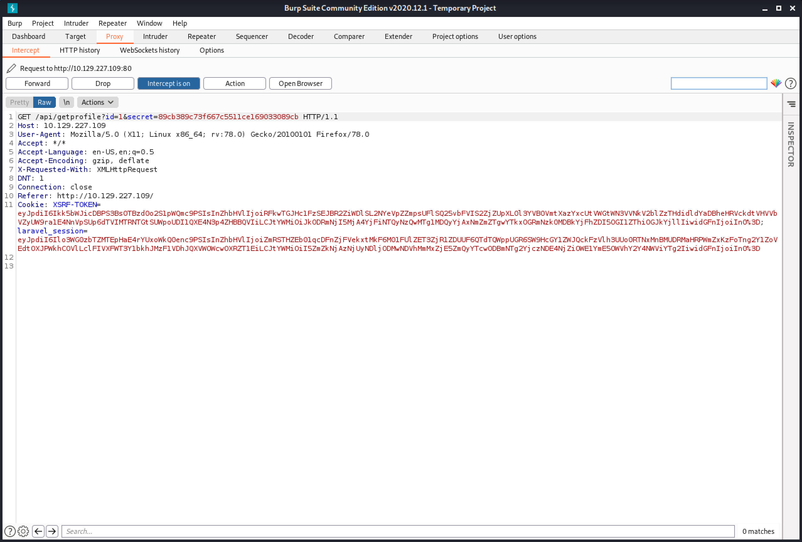 Capturing the HTTP request in Burp Suite.