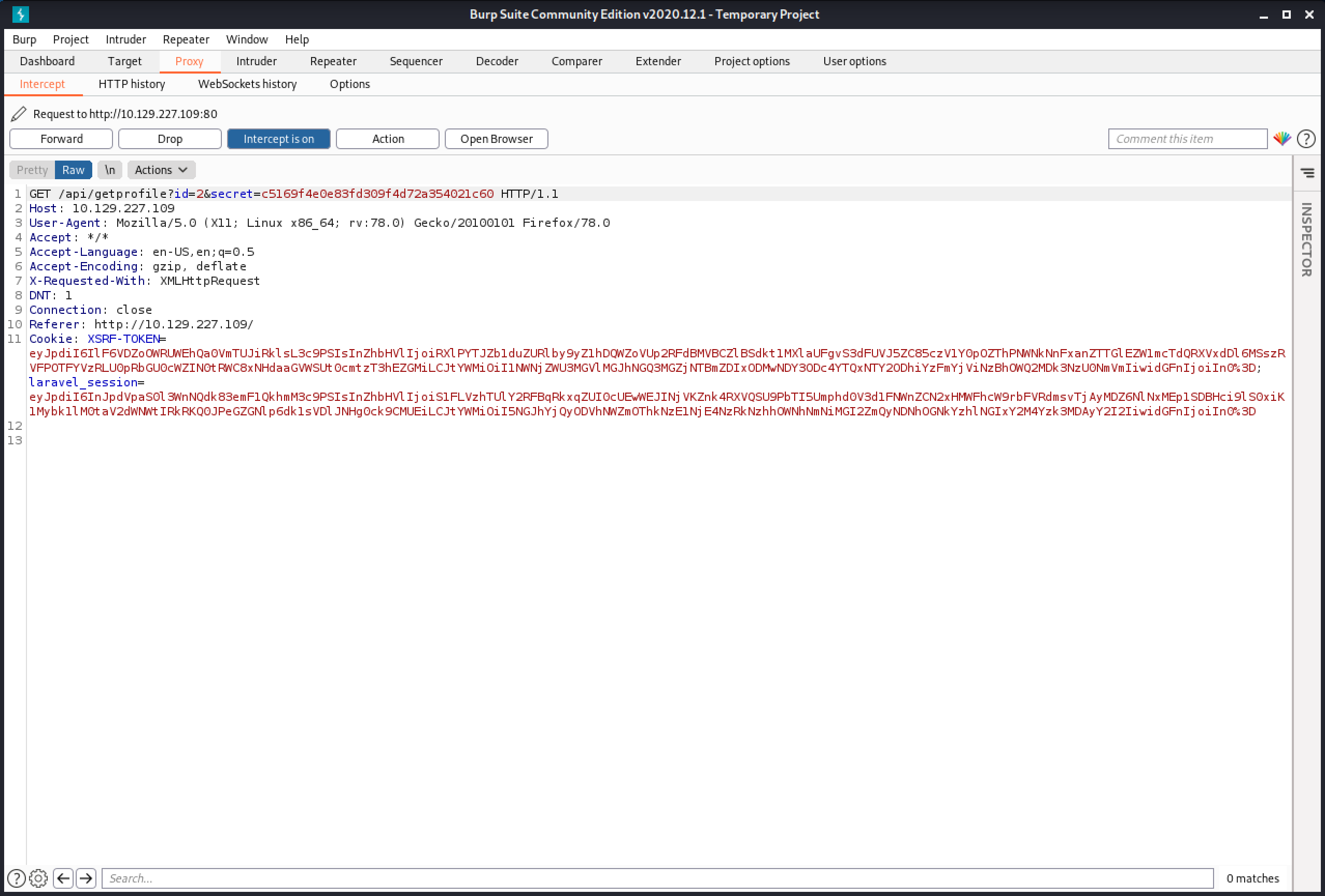 Capturing the HTTP request for the second user in Burp Suite.