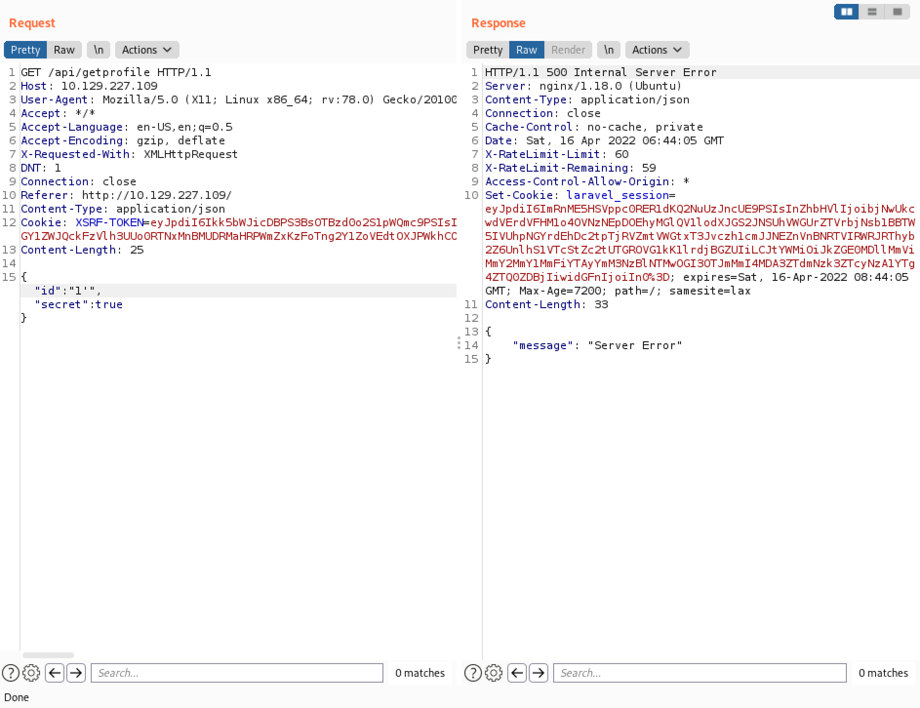 Adding a single-quote to the ID to check for SQL injection.