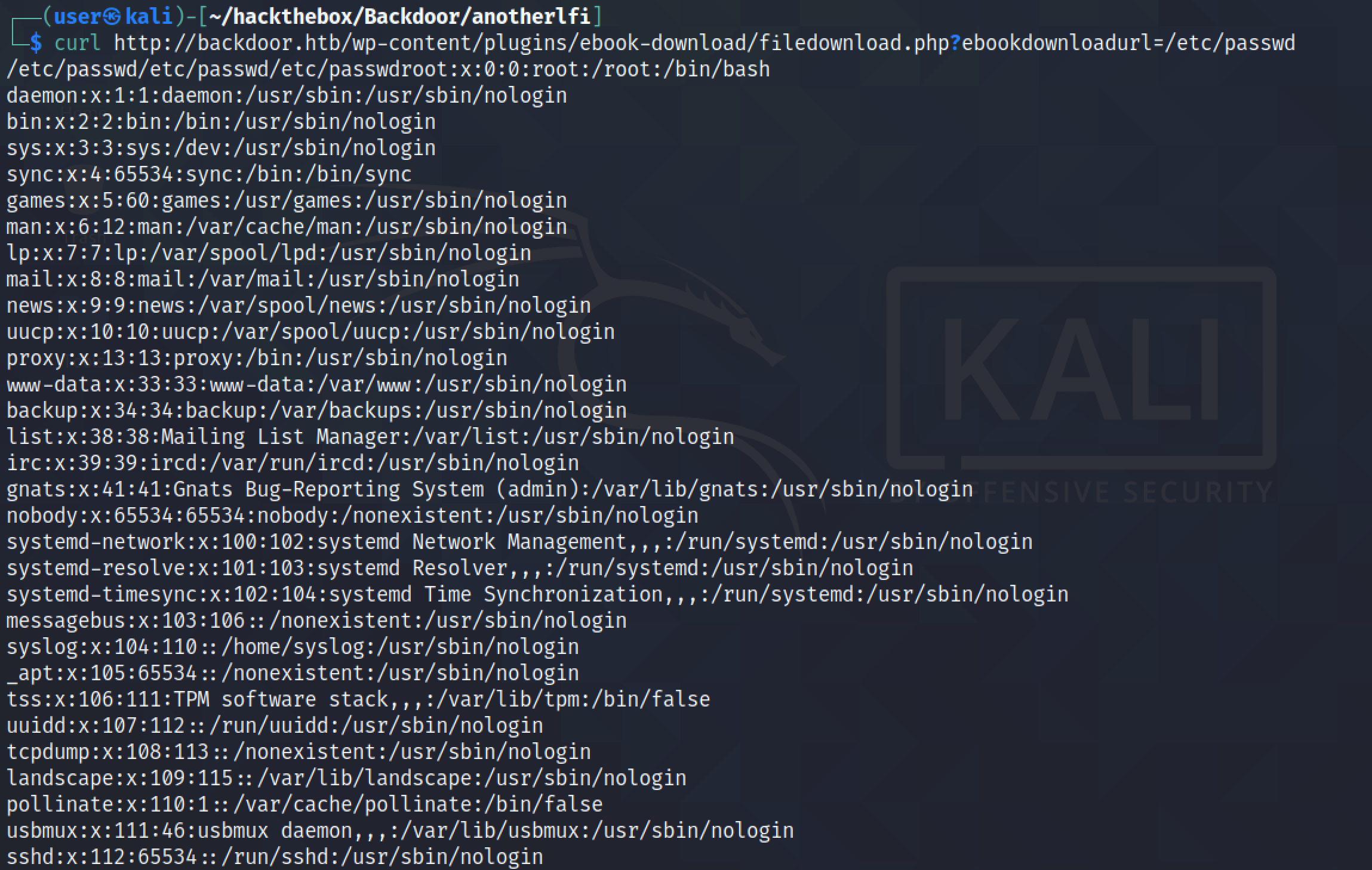 Using LFI to display the contents of the /etc/passwd file.