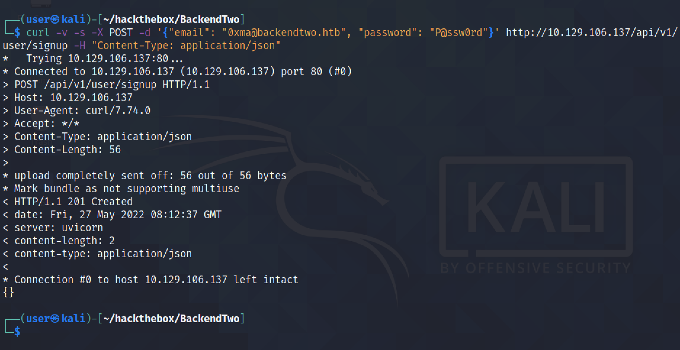 Signing up in the web application API using JSON.