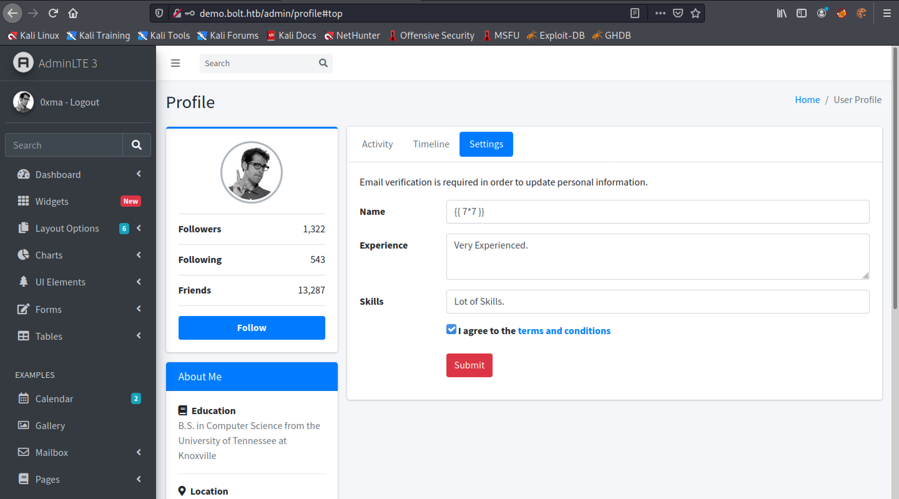 Injecting the payload in the username field.