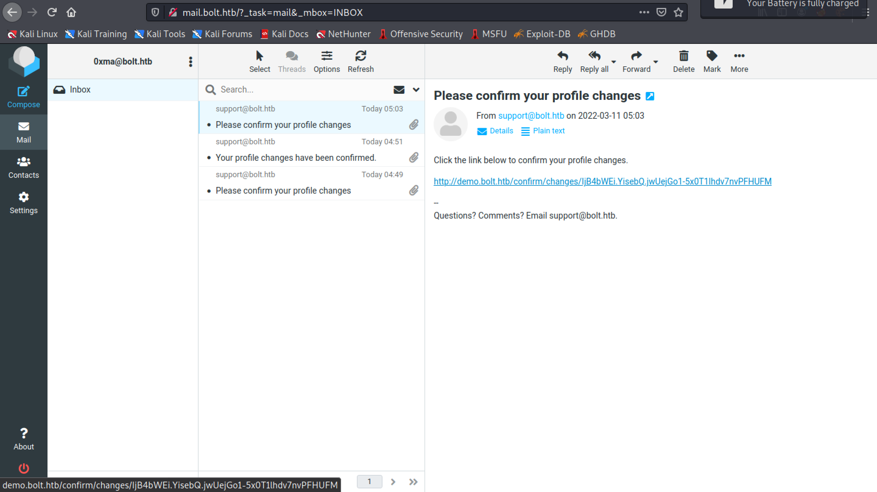 Email with a link asking us to confirm our changes.