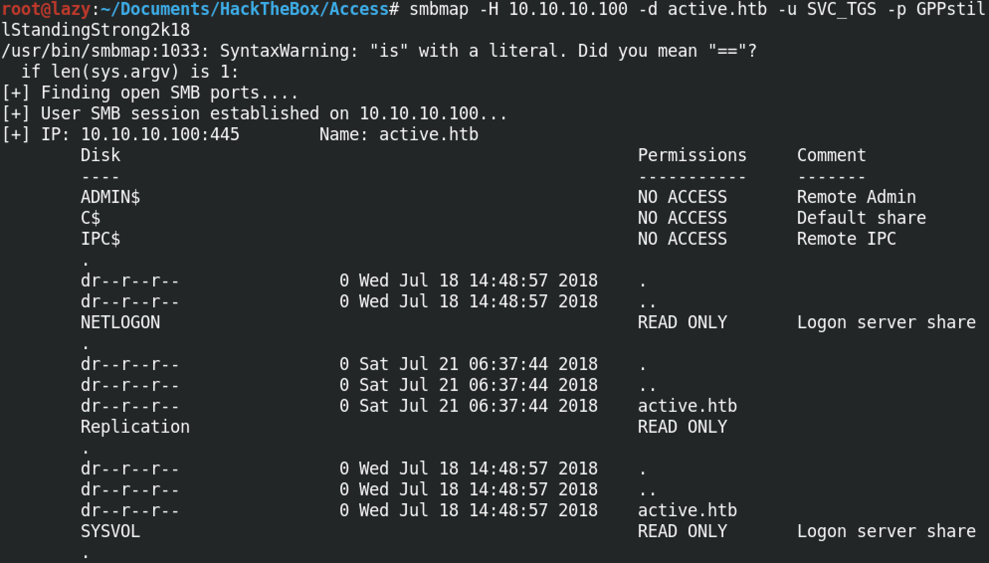 Connecting to a SMB server using smbmap.