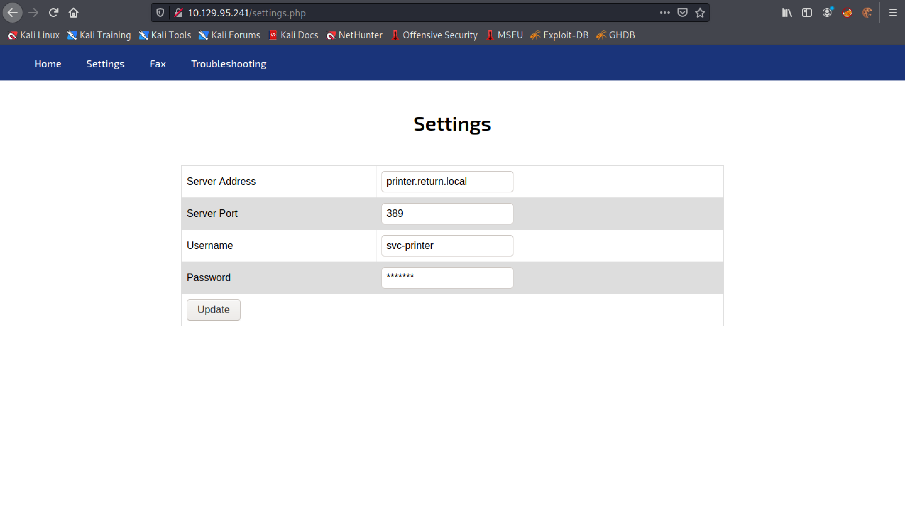 Settings page of the printer server.
