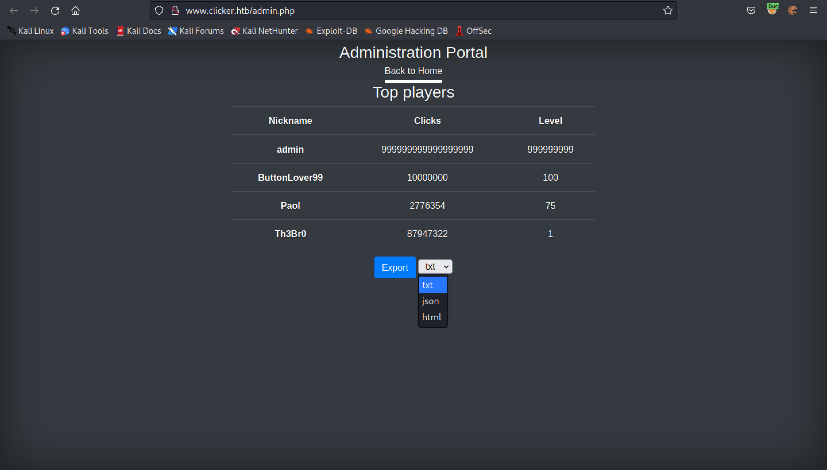 Exporting the top scorers in three different formats.