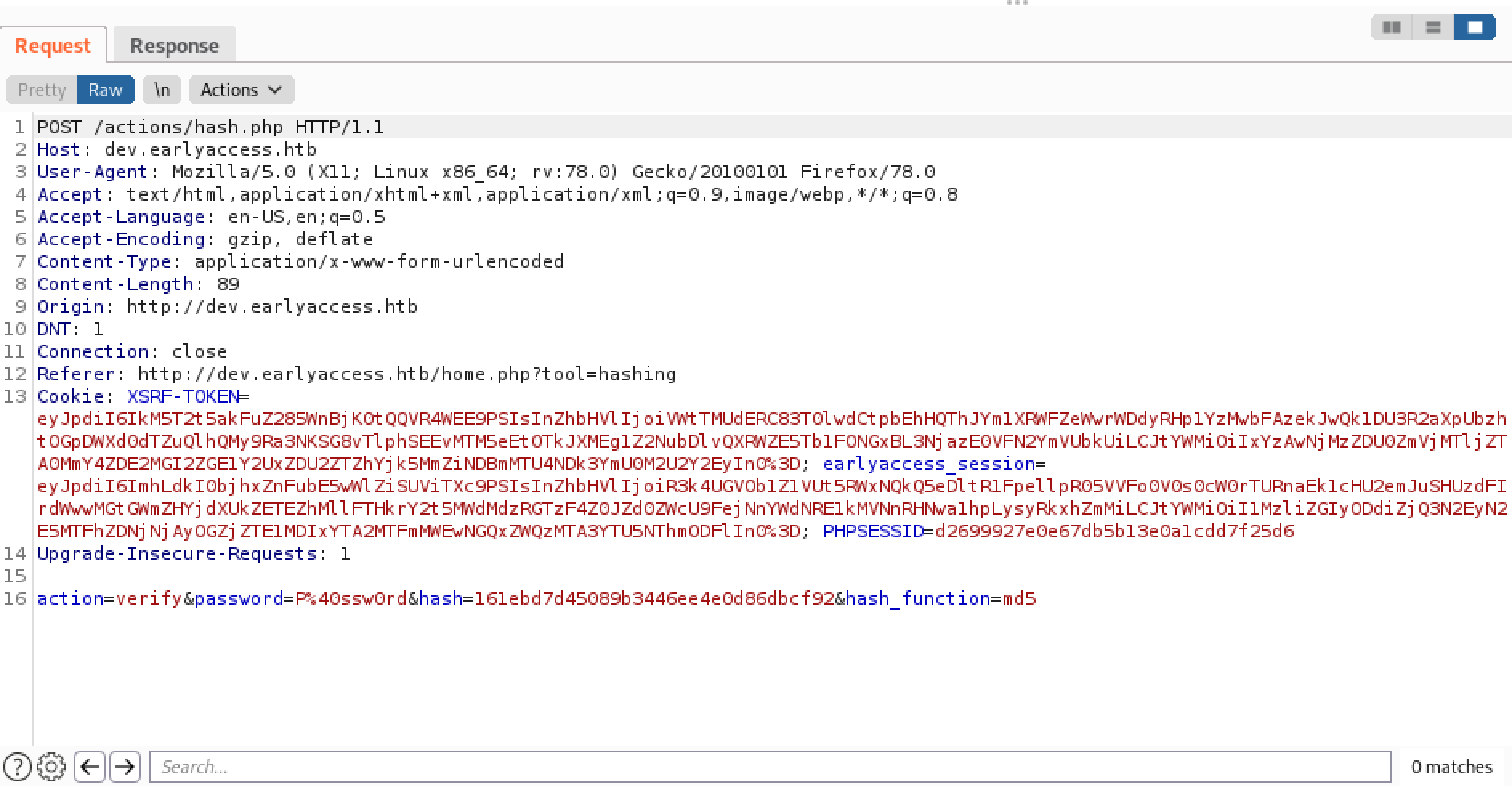 POST request that shows the password and hash.