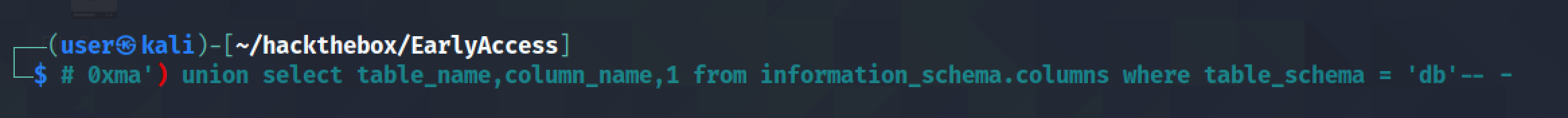 SQL injection to display table names and column names.