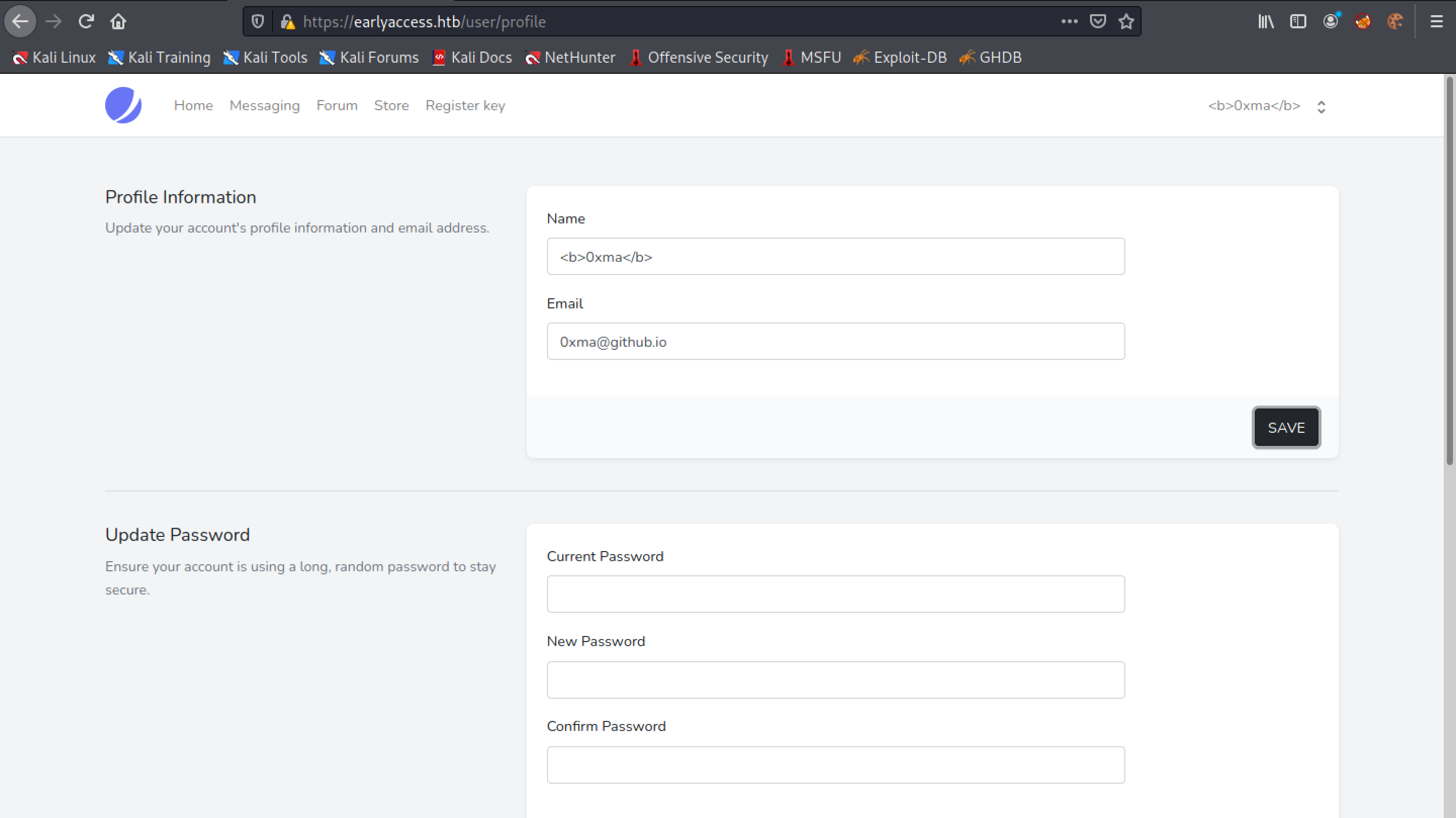 XSS payload in the profile page.