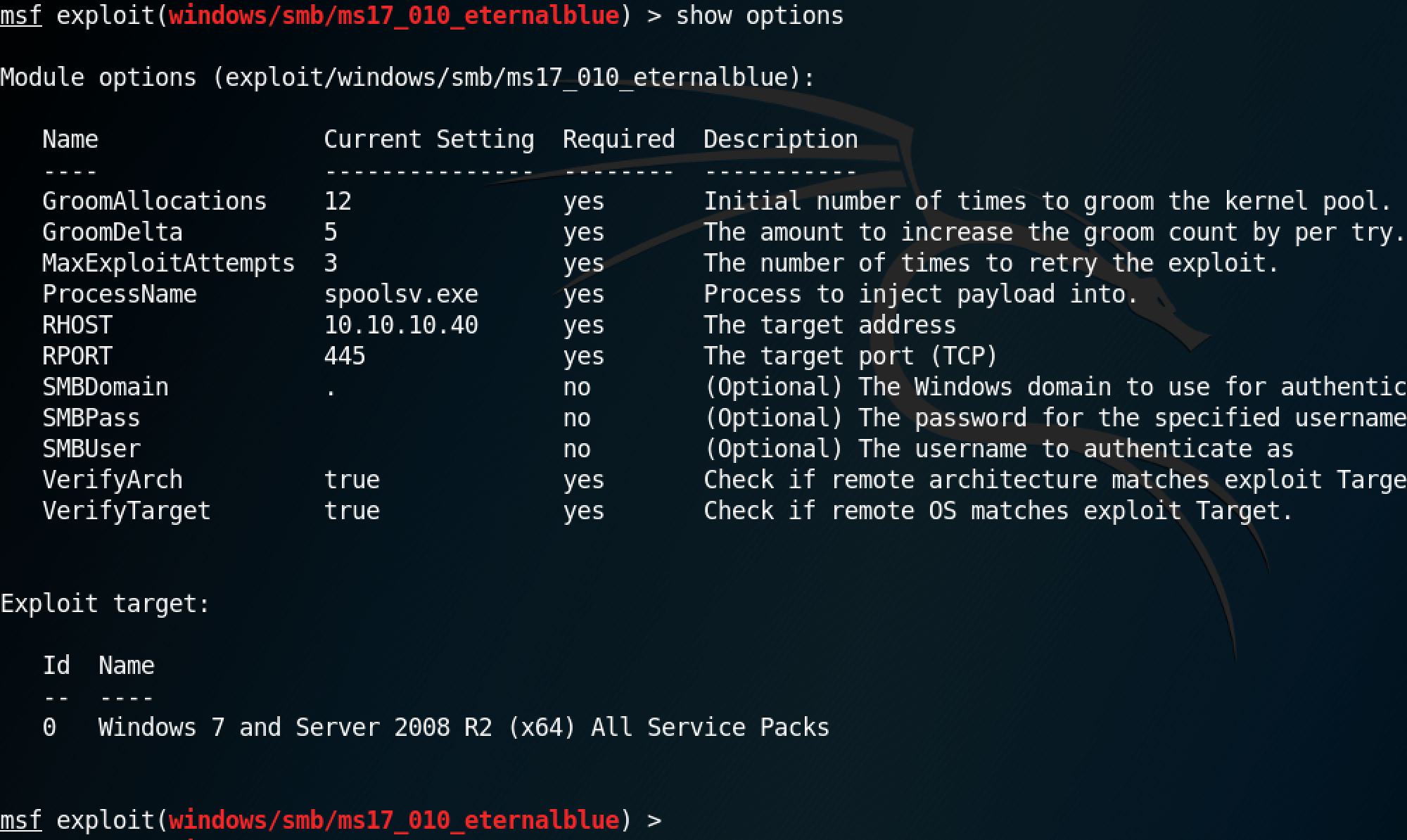 'show options' command on Metasploit's 'exploit/windows/smb/ms17_010_eternalblue'. module
