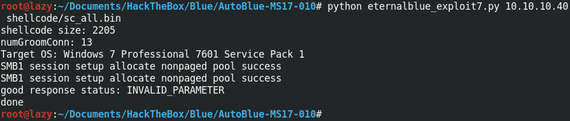 Executing the exploit with the sc_all.bin shellcode.