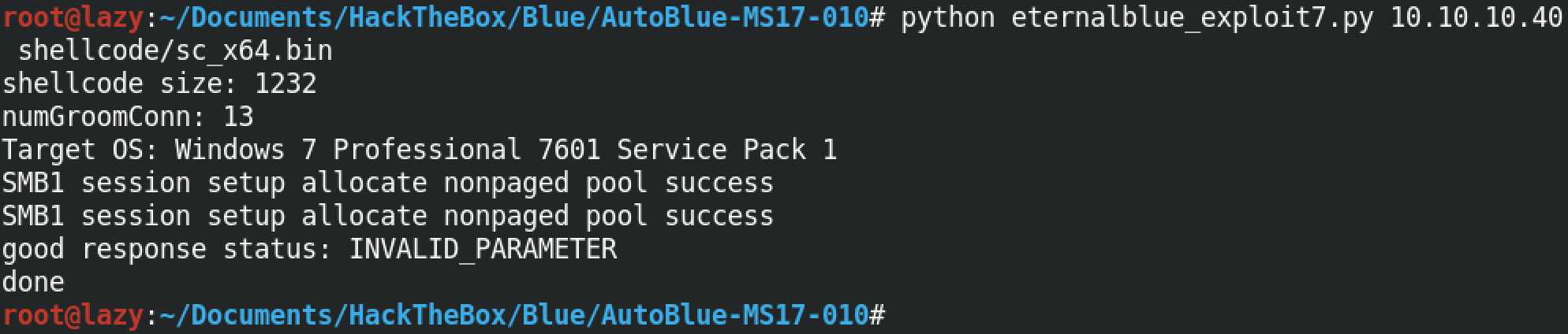Executing the exploit with the sc_x64.bin shellcode.
