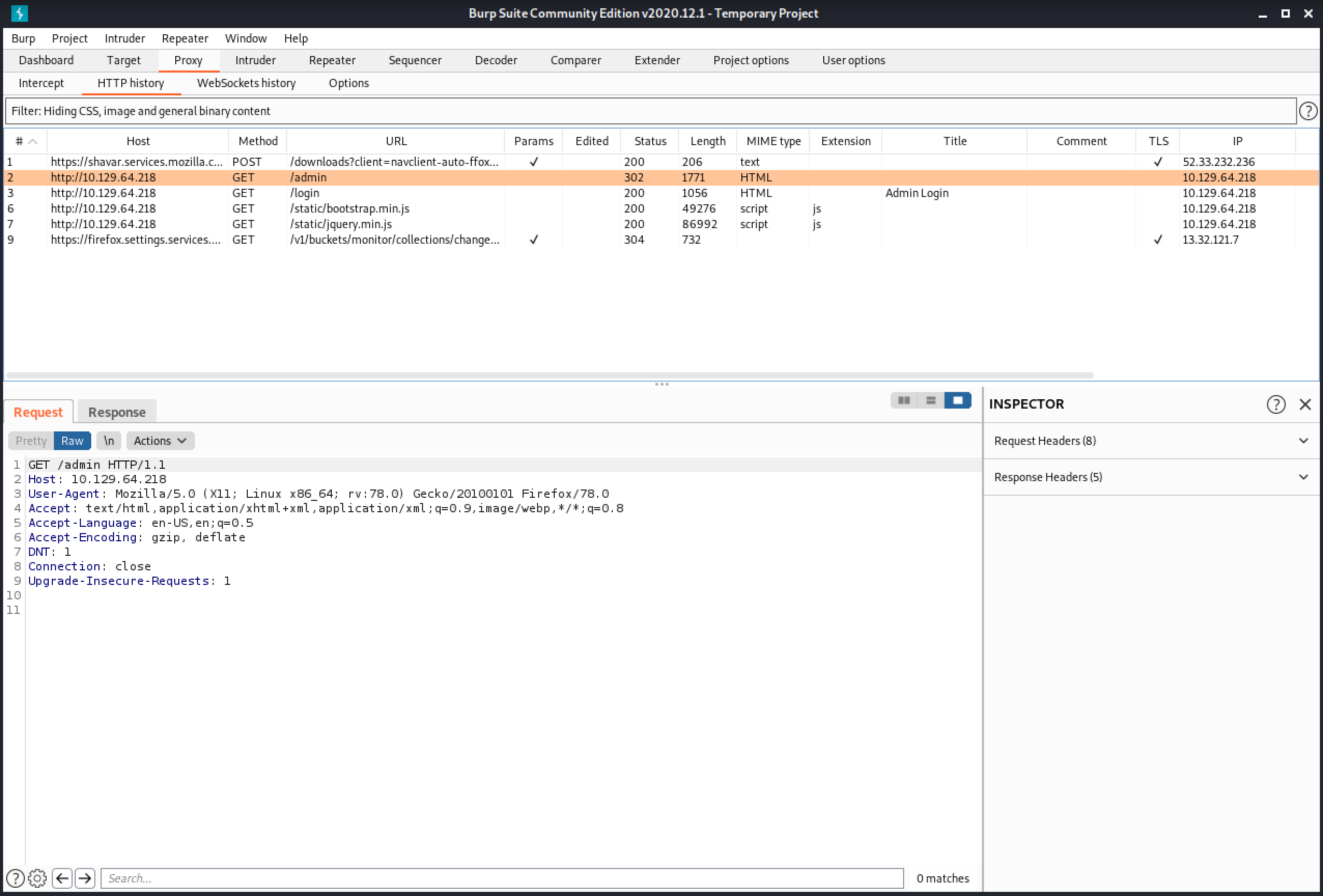 Viewing the captured request in Burp Suite.