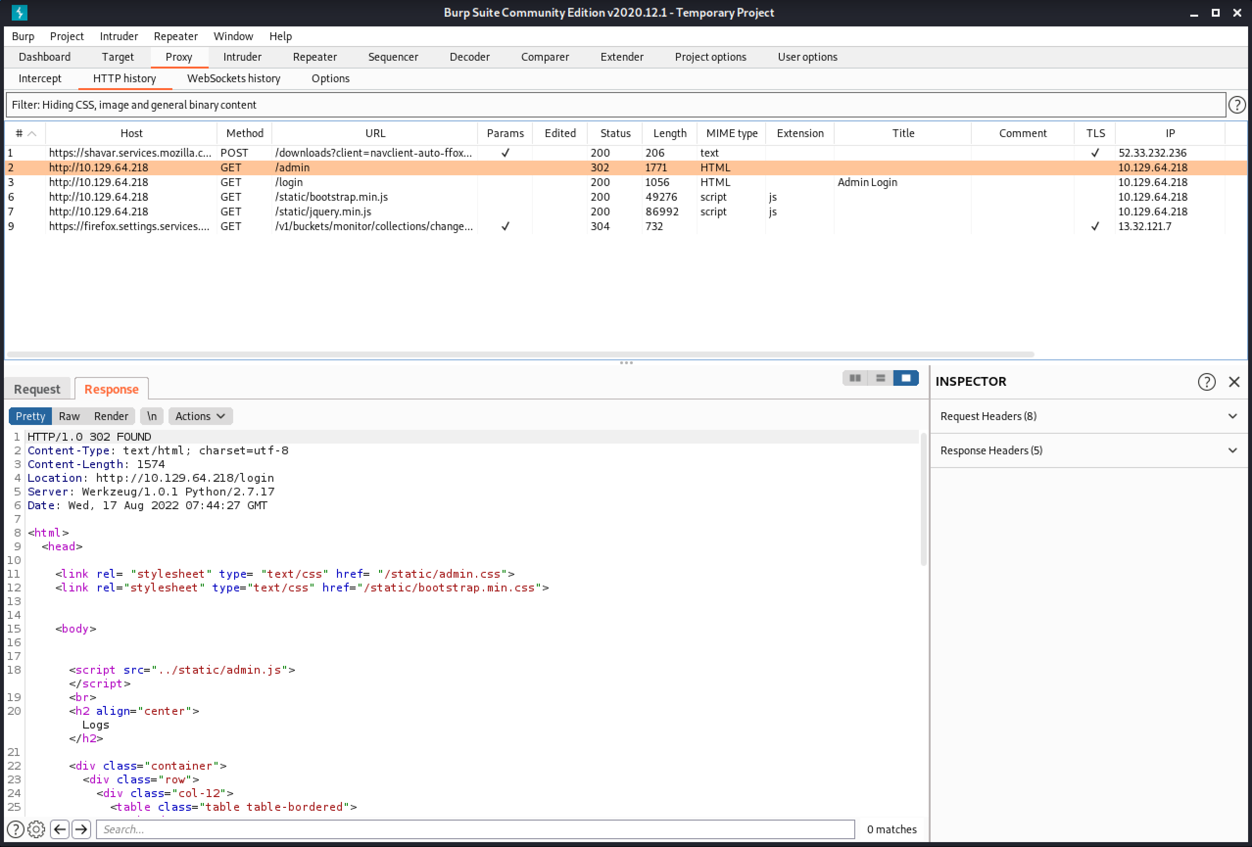 Viewing the captured response in Burp Suite.