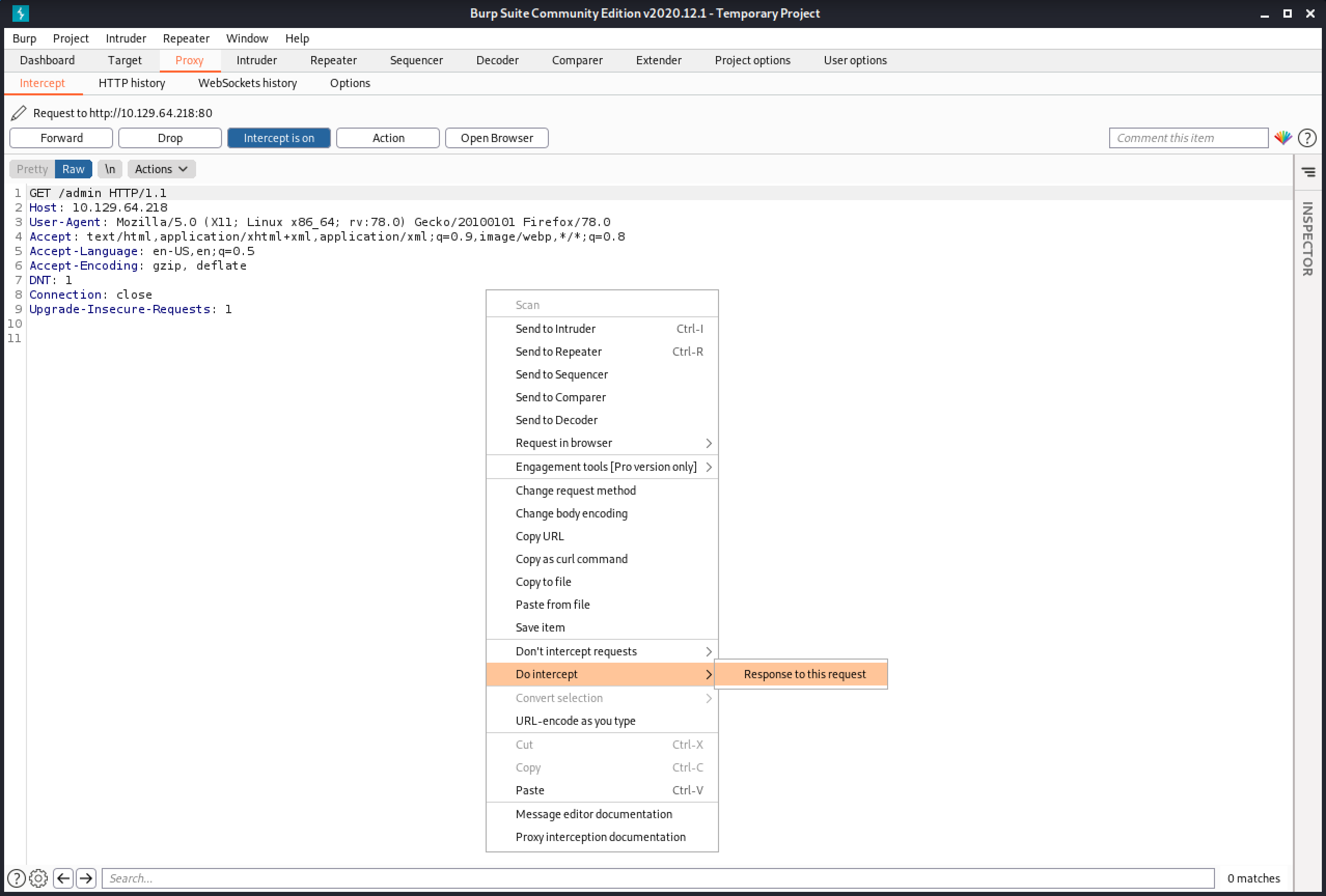 Capturing the request in Burp Intercept.