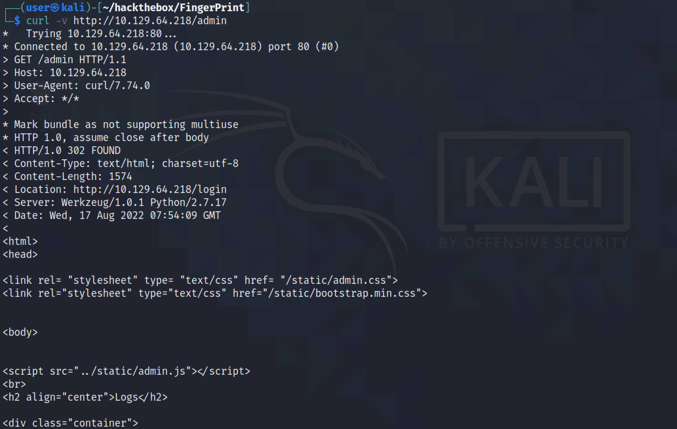 Using curl to see the response to a request.