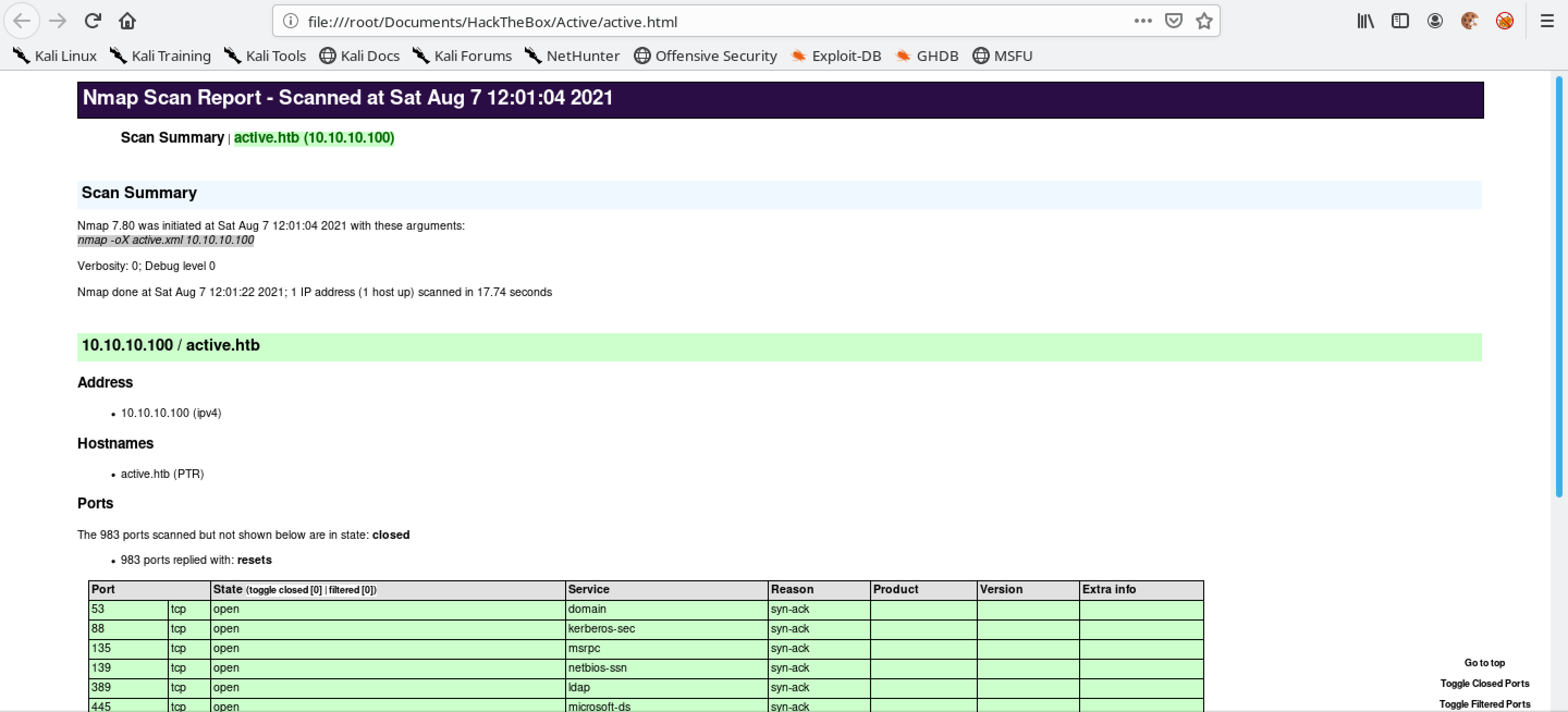 Viewing the nmap scan result in a web browser.