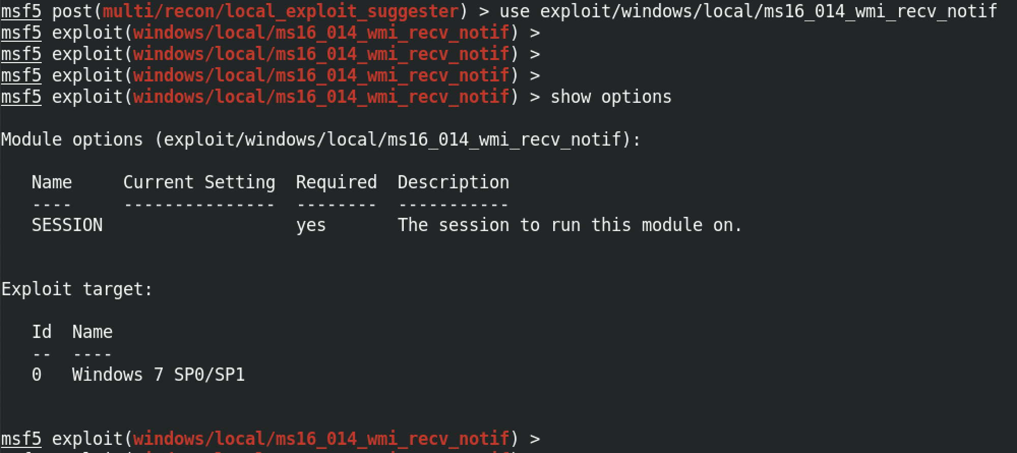Available options for the exploit/windows/local/ms16_014_wmi_recv_notif module.