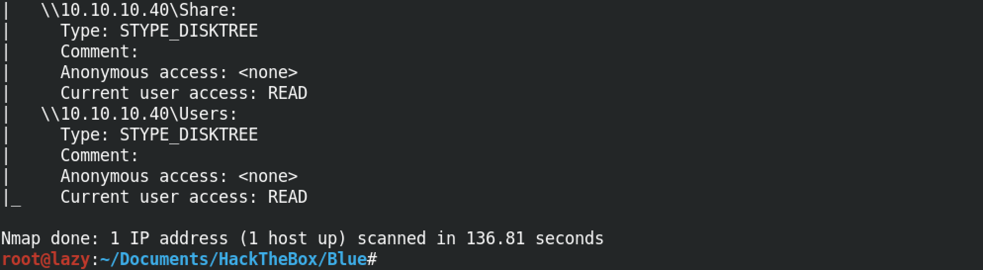 Nmap scan to enumerate SMB shares.