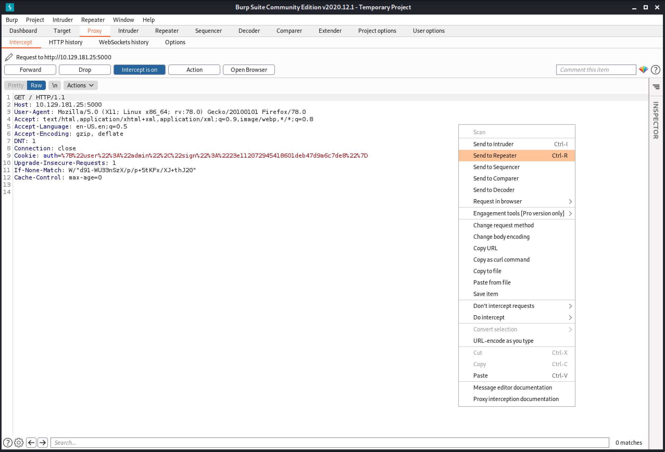 Request capture in Burp Intercept.
