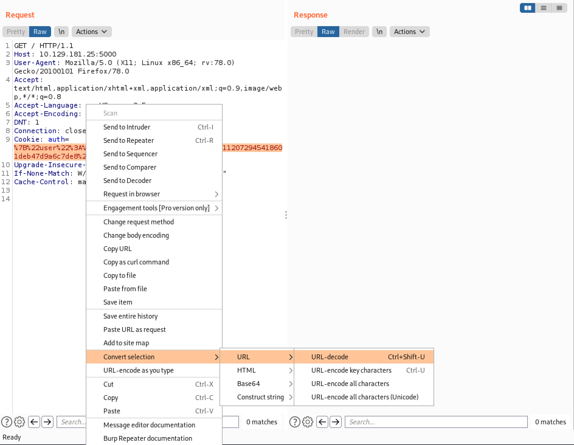 Decoding the cookie in Burp Repeater.
