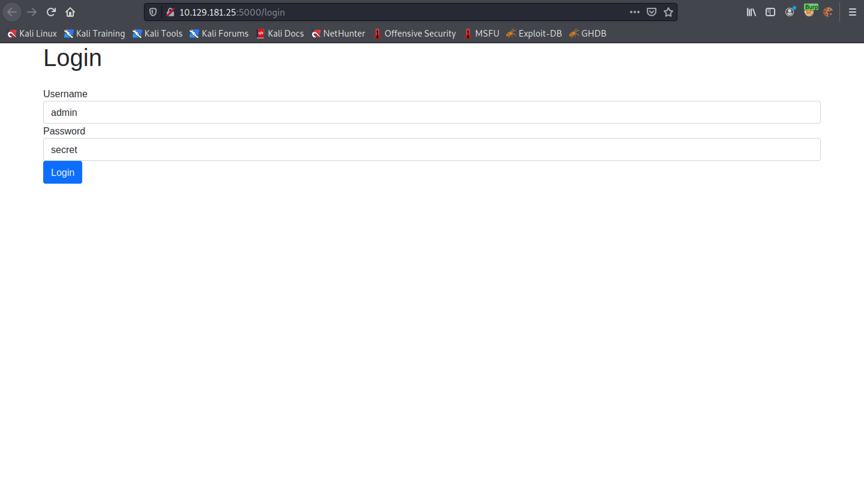 Login page with credentials.