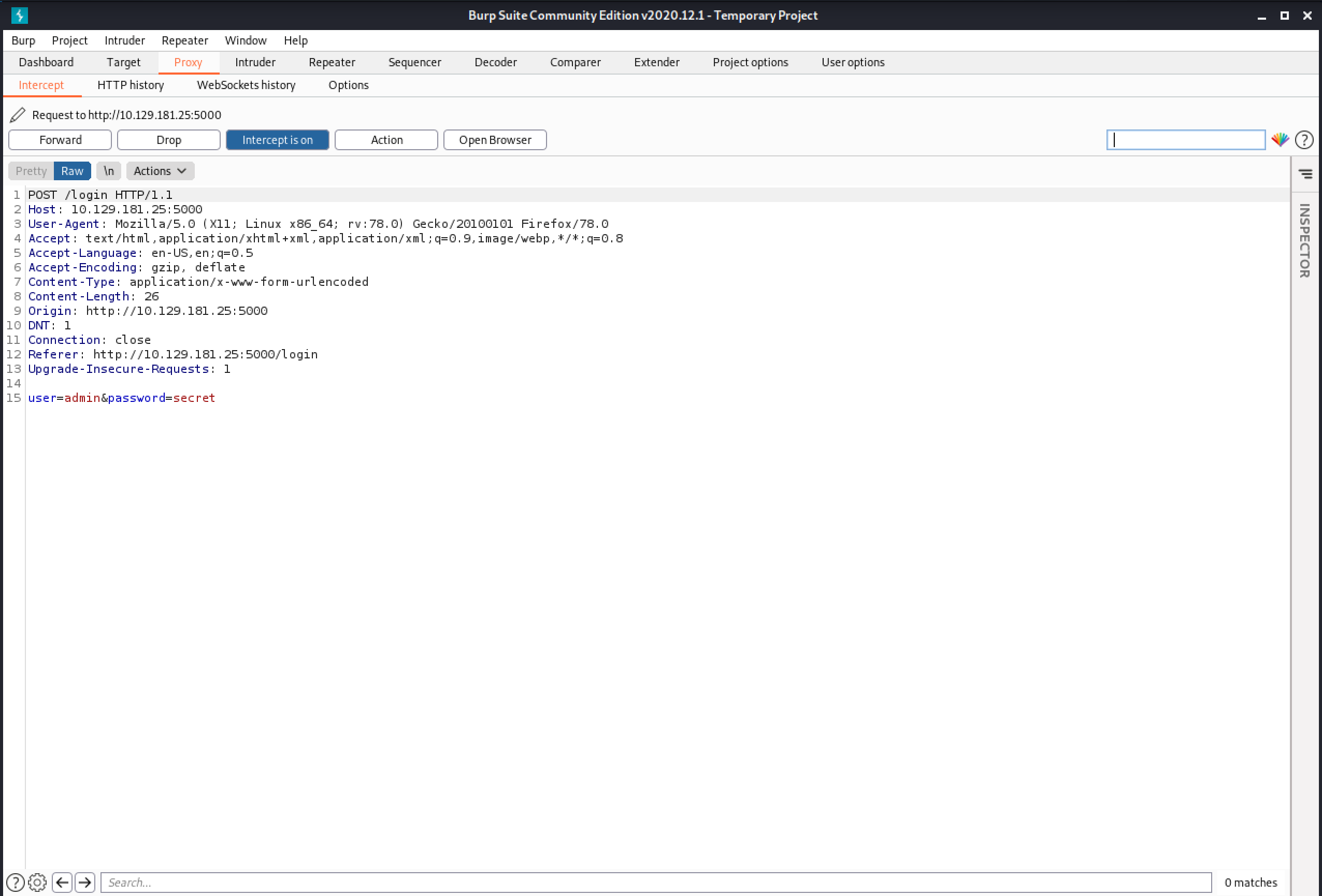 Capture of the login request in Burp Intercept.