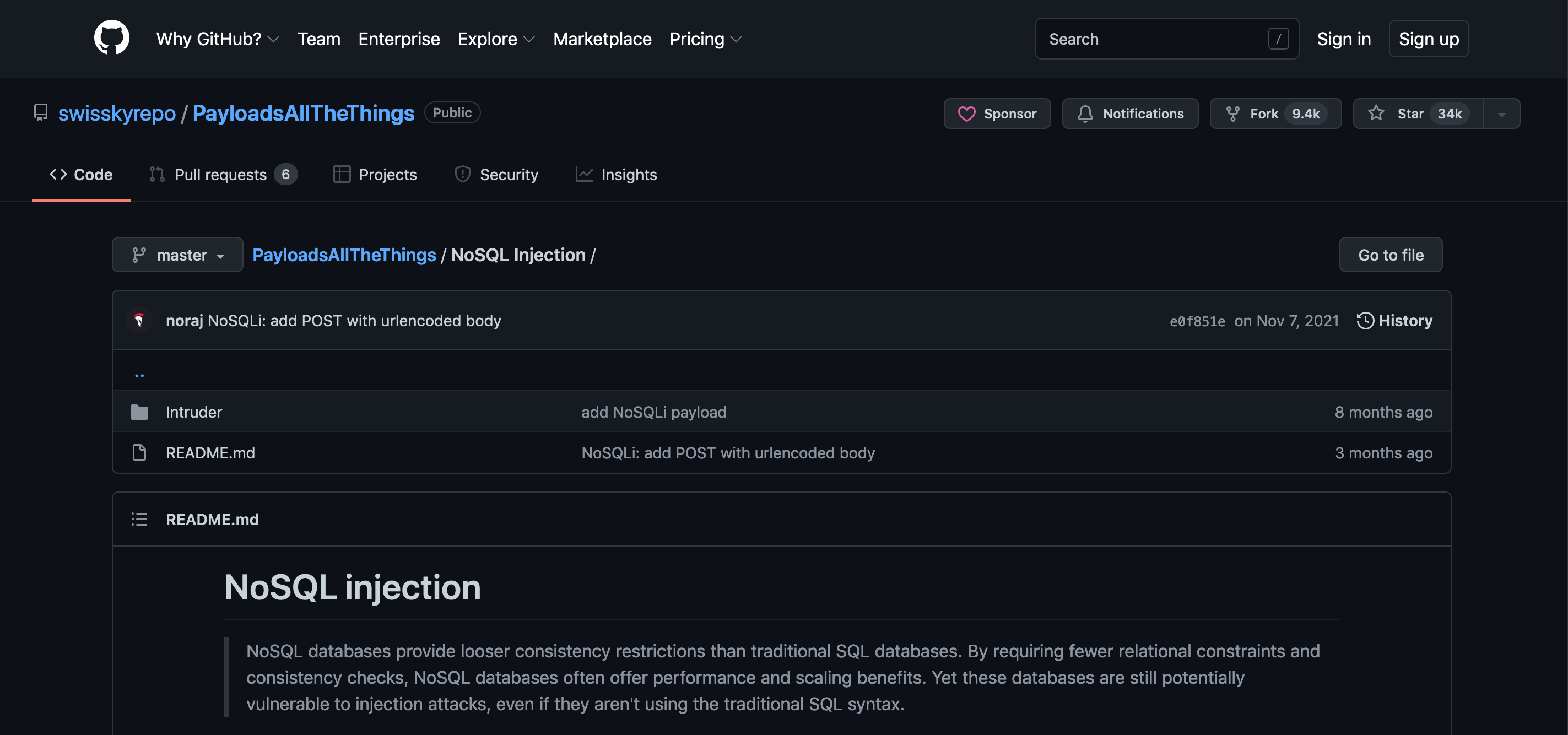 NoSQL Injection GitHub payloads.