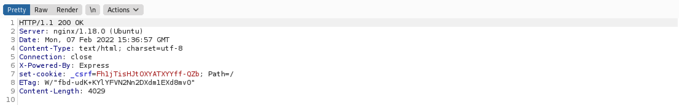 Server response header in Burp Suite.