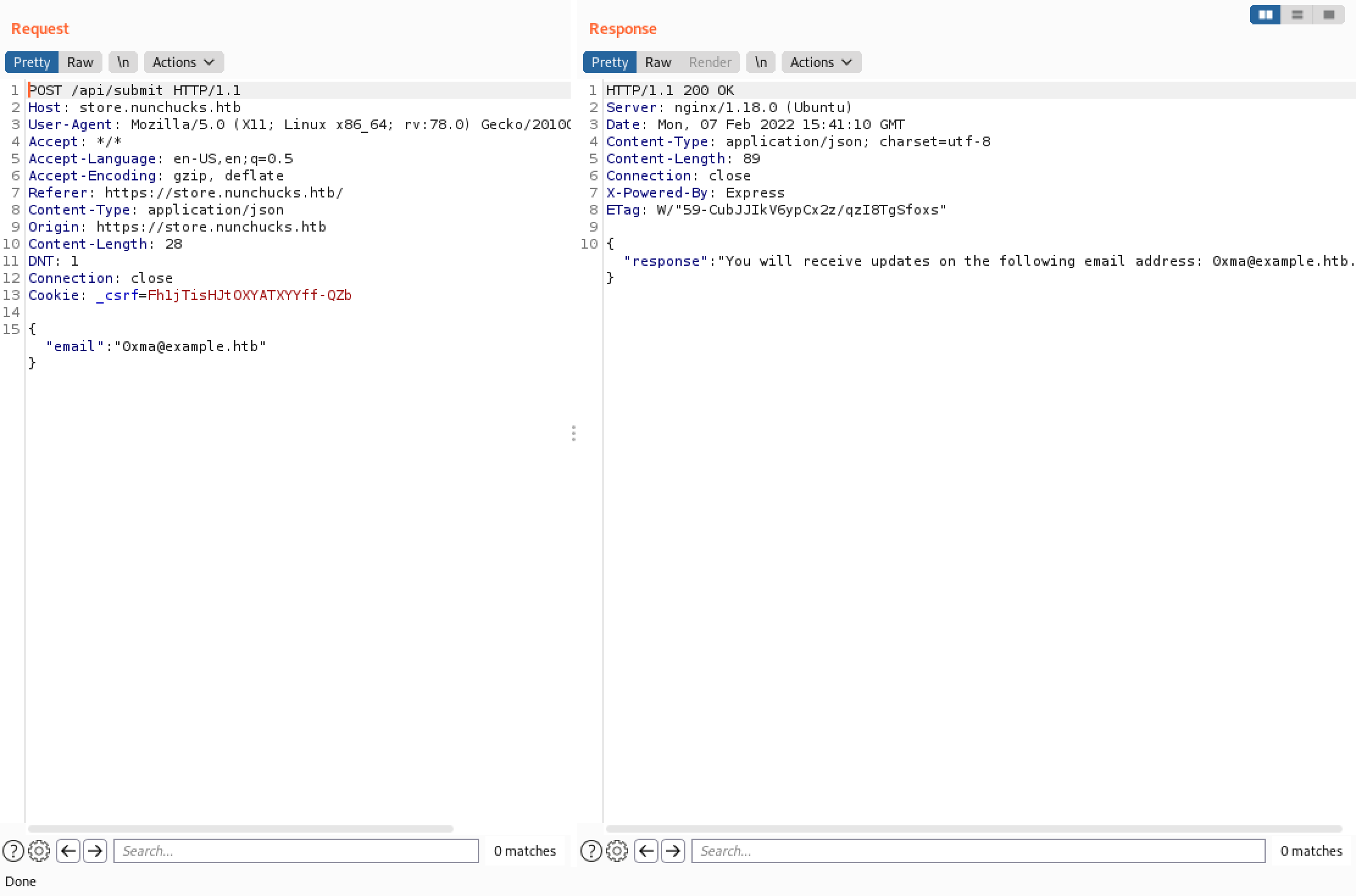 Valid response after submitting an email address through Burp Repeater.