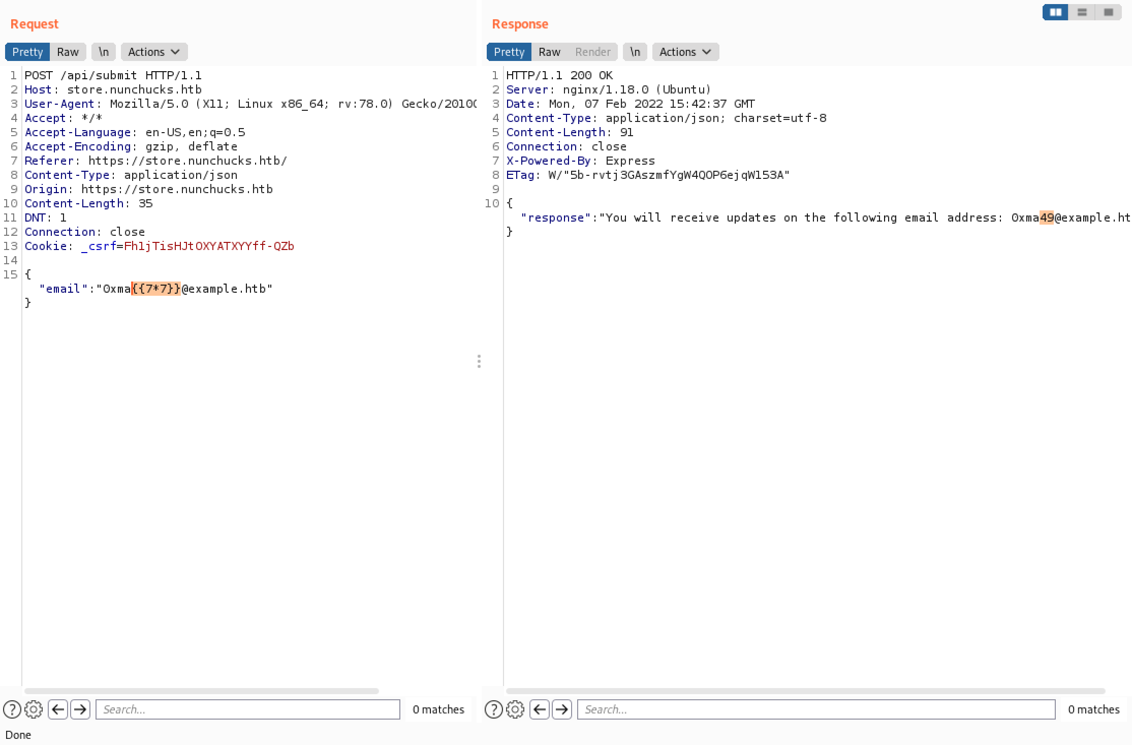Injecting payload using Burp Repeater.