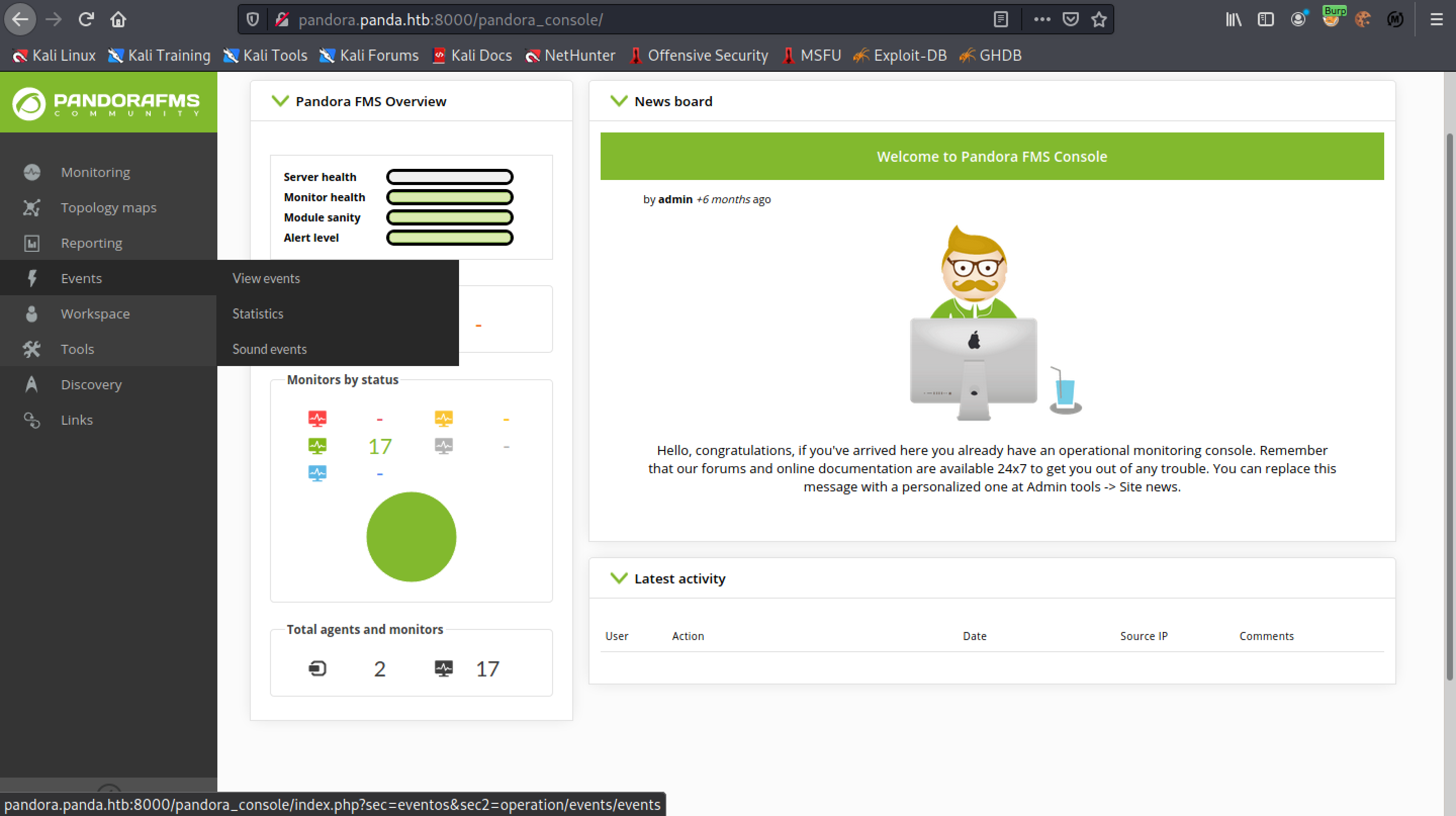 Navigating to 'View events' in Artica Pandora FMS.