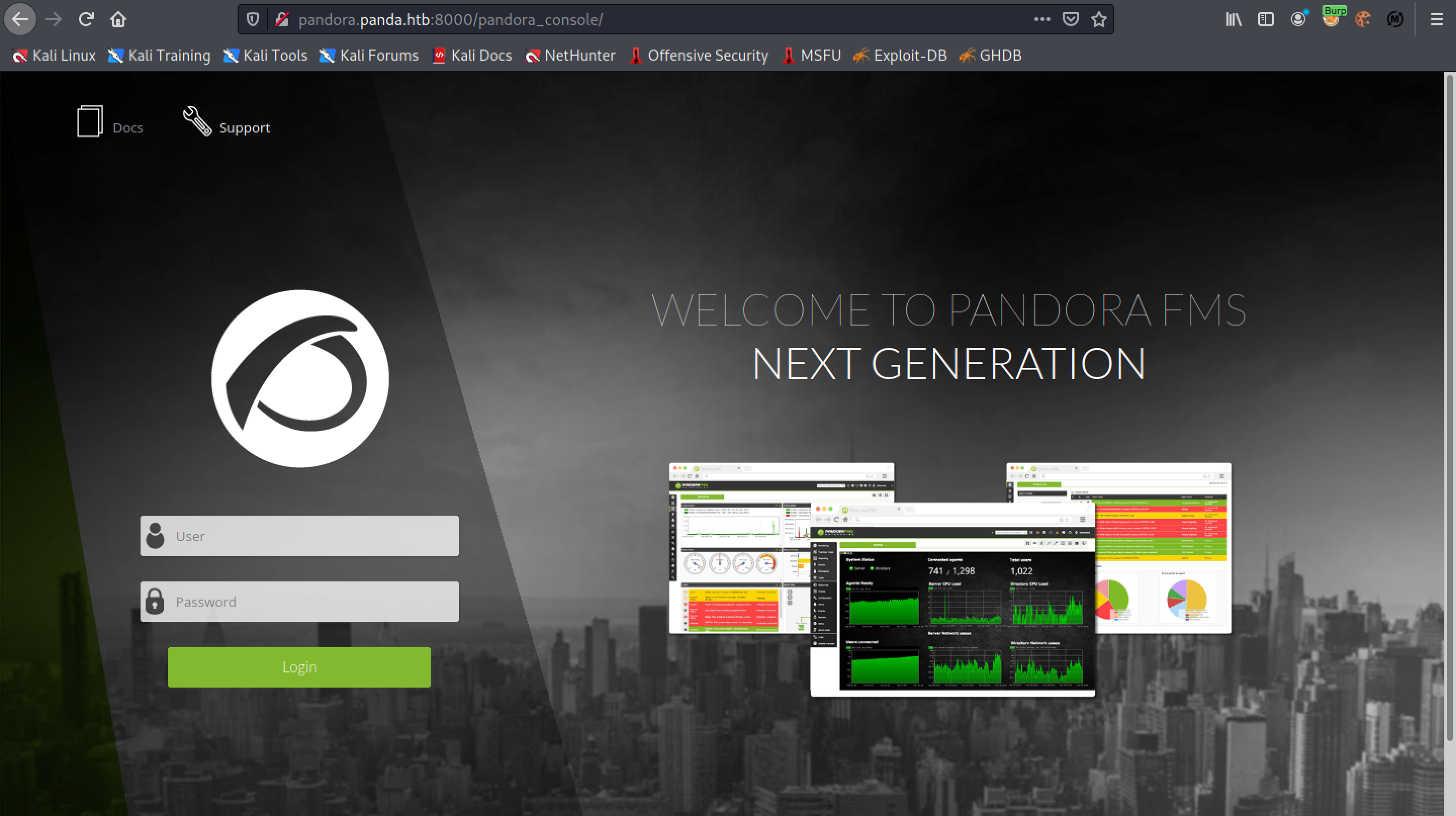 Pandora login console page.