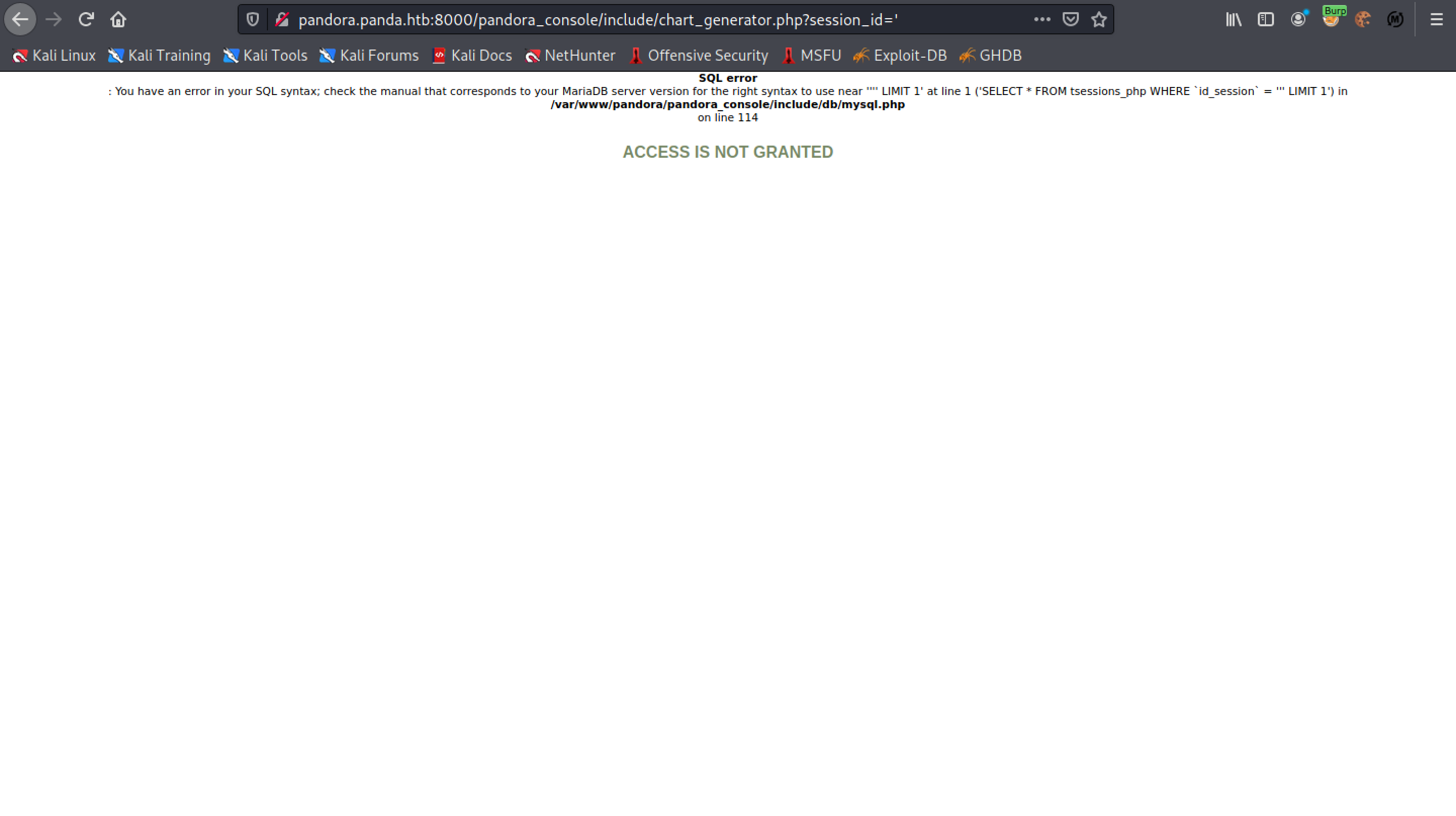 Performing SQL injection on Artica Pandora FMS.